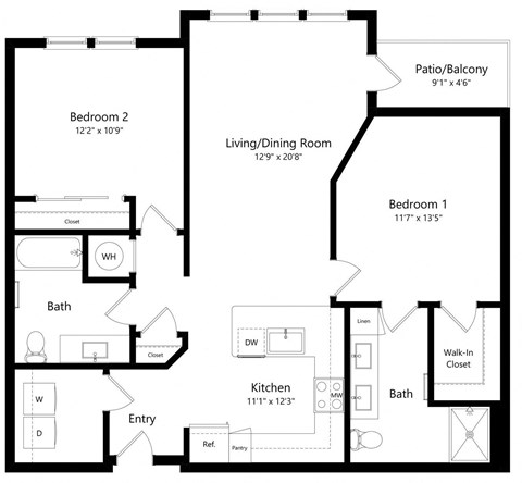 Floor plan for 2 beds, 2 baths, 1146 sqft